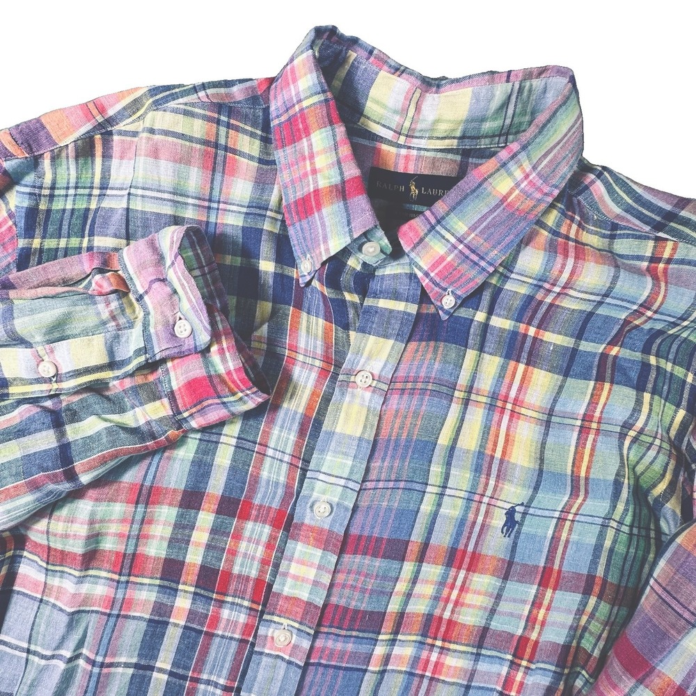 Polo Ralph Lauren Shirt Mens XXL Ocean Wash Linen Plaid Button Up Pony Preppy